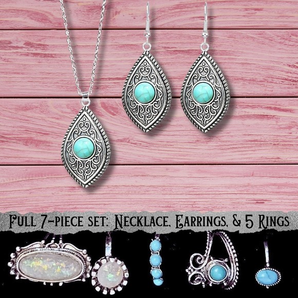 Boho Turquoise Jewelry‎ Set 7 Pc Necklace Earrings Rings Statement Lot Western - Picture 1 of 4